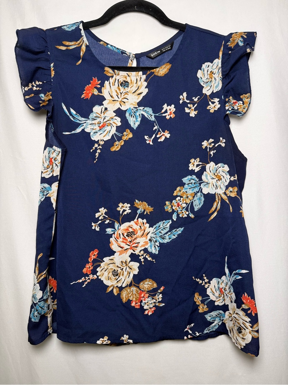 SHEIN Navy Blue Floral Flutter Sleeve Blouse